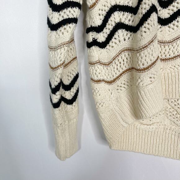 New Skies Are Blue Medium M Cream Black Gold Chevron Striped Open Knit Sweater - Picture 4 of 10